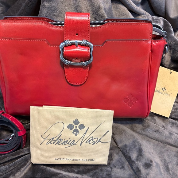 Patricia Nash Red Leather Shoulder Bag with Silver Buckle - Picture 3 of 11